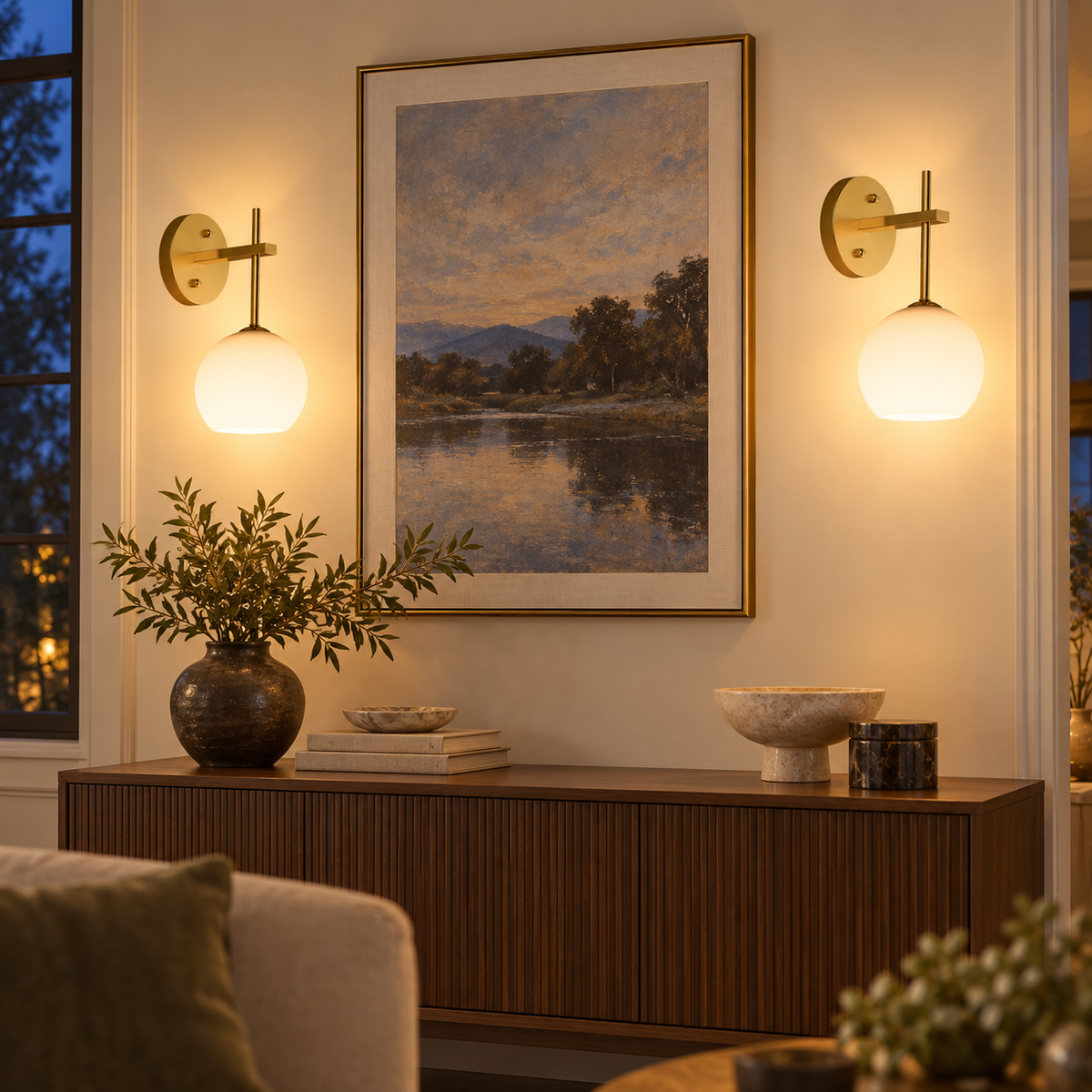 Two gold globe wall sconces illuminating artwork above a walnut console