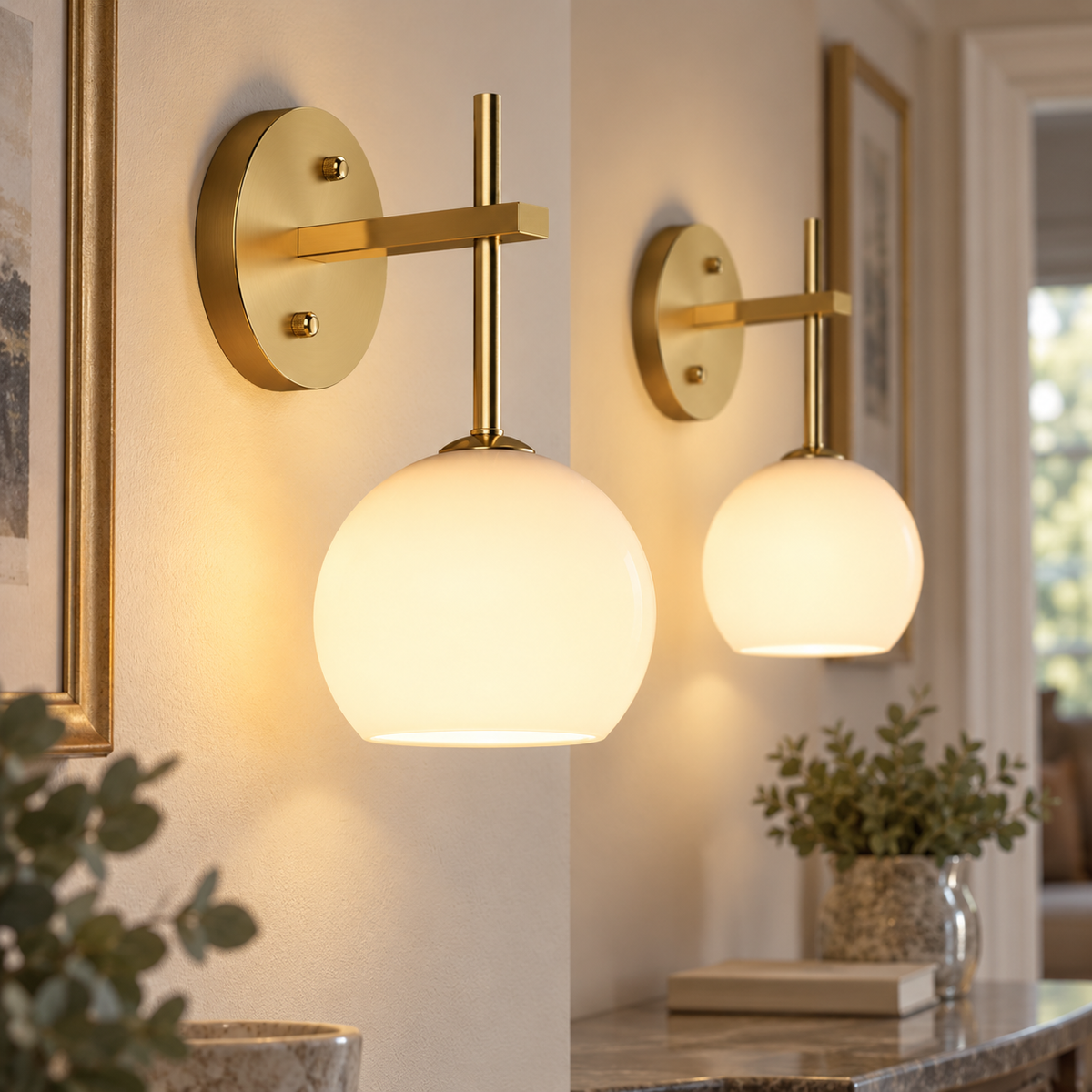 Close-up of two gold sconces showing frosted glass globes, arms and wall plates