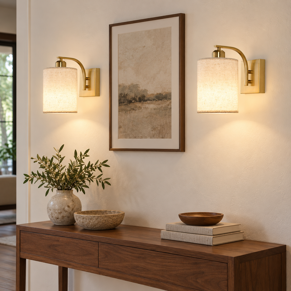 Set of two gold cordless wall sconces with linen-effect shades on a light wall