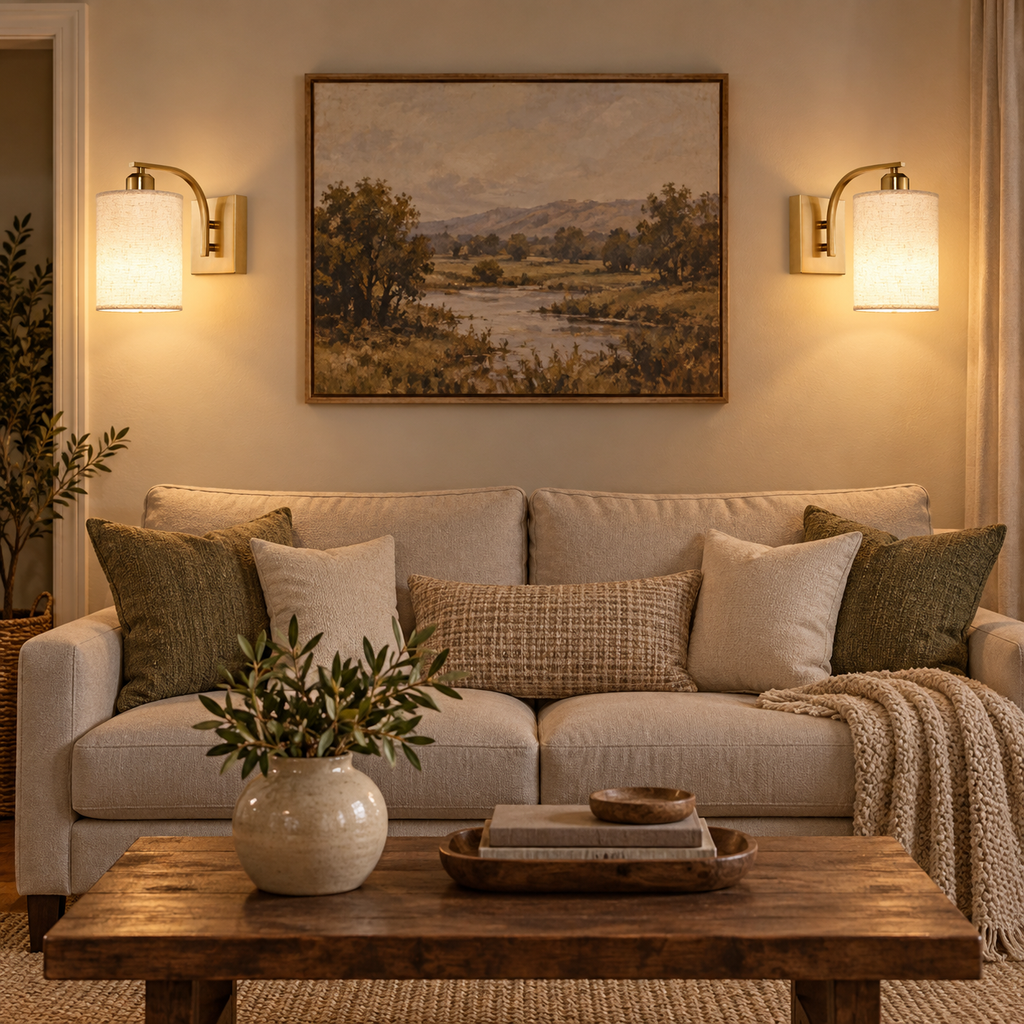 Pair of gold linen-effect wall sconces illuminating a neutral living room