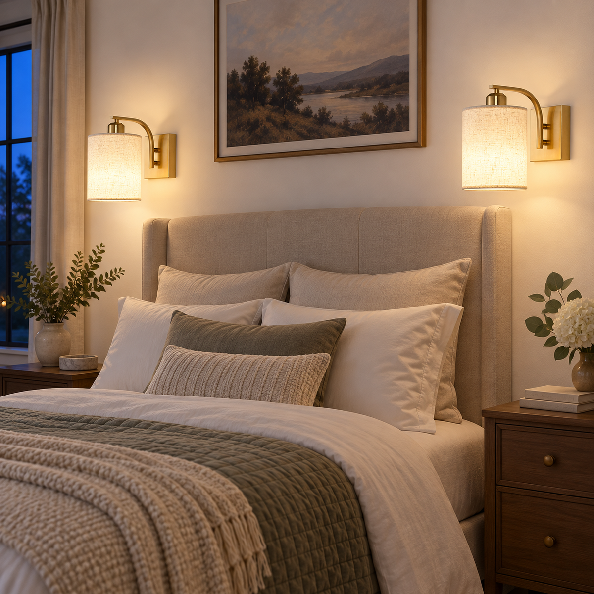 Two gold cordless sconces with hanging shades mounted beside a bed