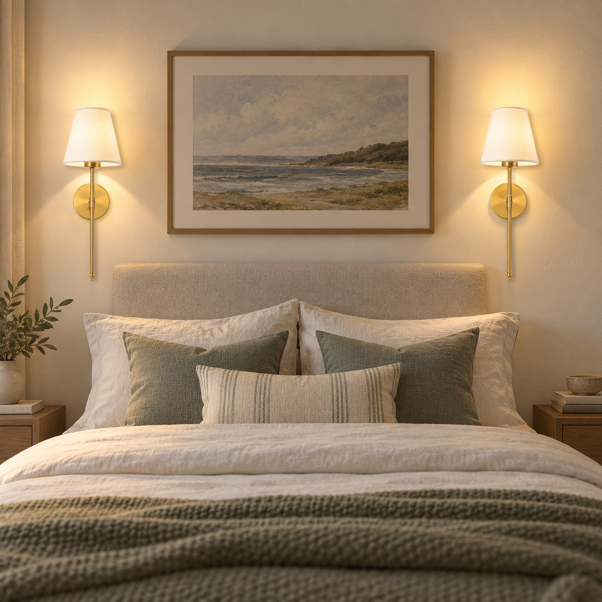 Pair of gold linen-shade wall sconces mounted beside a bed at dusk