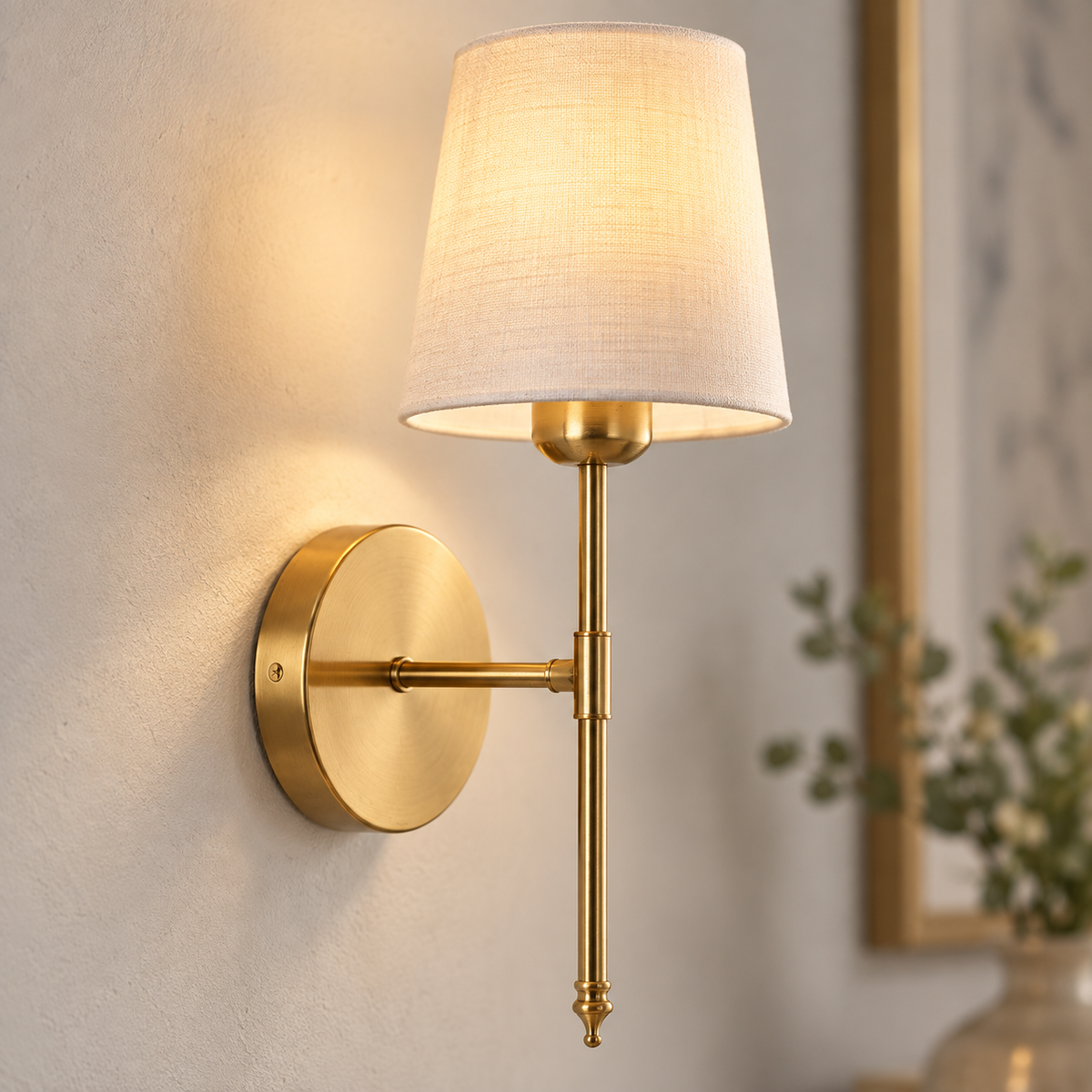 Close-up of two gold sconces showing linen shade texture and wall mounts