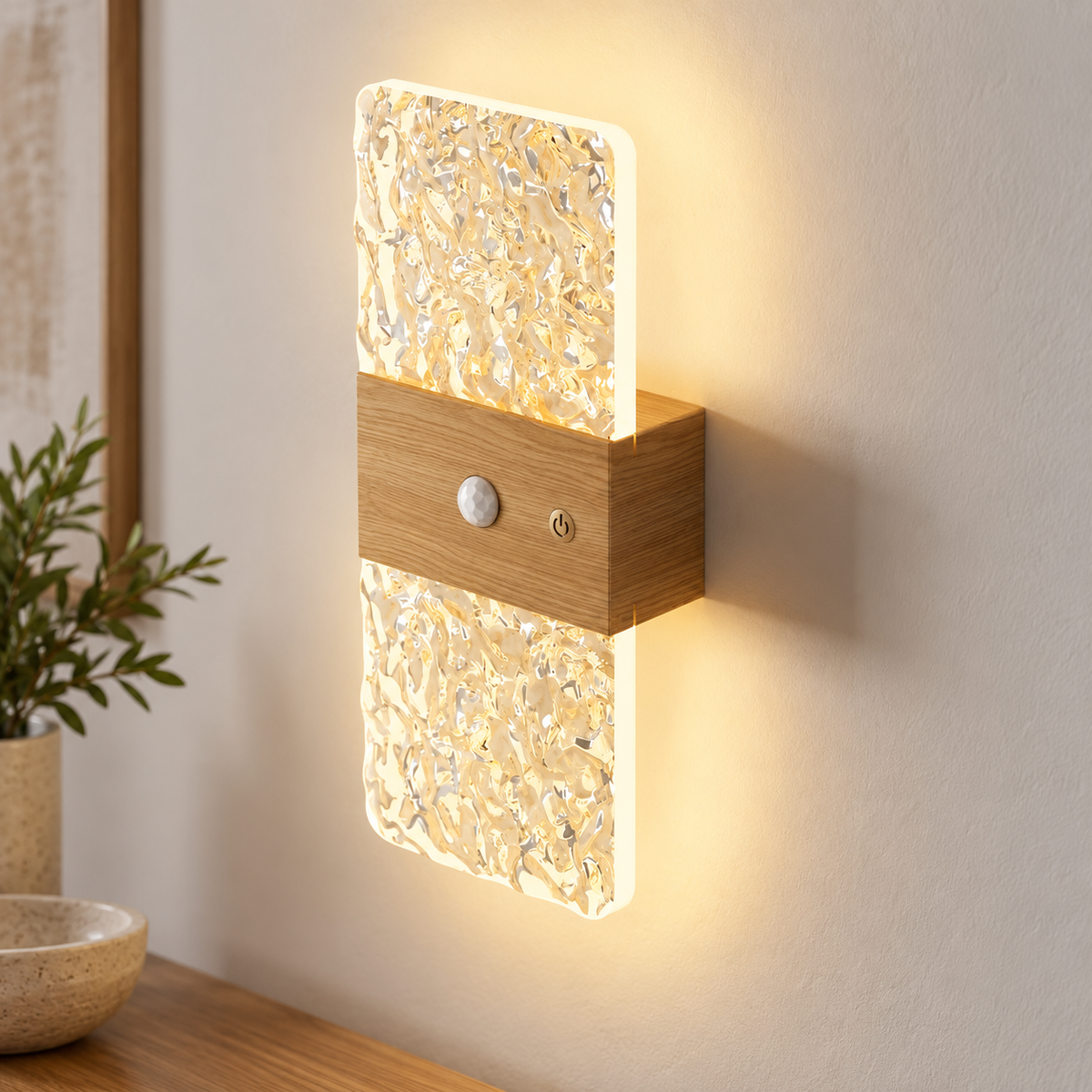 Wood-effect motion sensor wall light with textured clear diffusers switched on