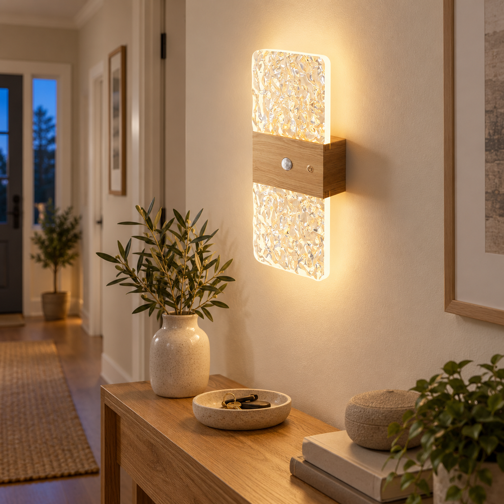 Wood-effect motion wall light illuminating a warm cream hallway
